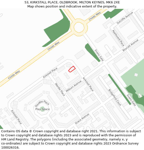 53, KIRKSTALL PLACE, OLDBROOK, MILTON KEYNES, MK6 2XE: Location map and indicative extent of plot