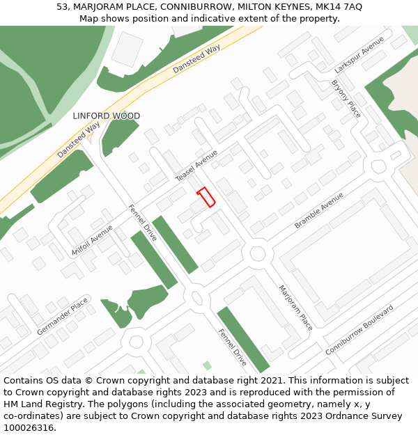 53, MARJORAM PLACE, CONNIBURROW, MILTON KEYNES, MK14 7AQ: Location map and indicative extent of plot