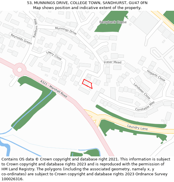 53, MUNNINGS DRIVE, COLLEGE TOWN, SANDHURST, GU47 0FN: Location map and indicative extent of plot