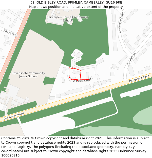 53, OLD BISLEY ROAD, FRIMLEY, CAMBERLEY, GU16 9RE: Location map and indicative extent of plot