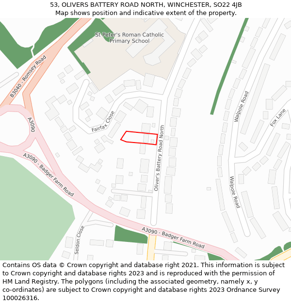 53, OLIVERS BATTERY ROAD NORTH, WINCHESTER, SO22 4JB: Location map and indicative extent of plot