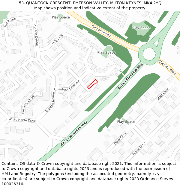 53, QUANTOCK CRESCENT, EMERSON VALLEY, MILTON KEYNES, MK4 2AQ: Location map and indicative extent of plot