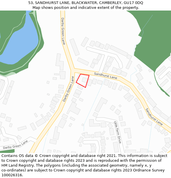 53, SANDHURST LANE, BLACKWATER, CAMBERLEY, GU17 0DQ: Location map and indicative extent of plot
