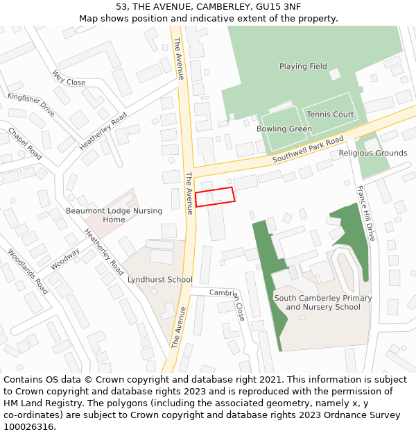 53, THE AVENUE, CAMBERLEY, GU15 3NF: Location map and indicative extent of plot