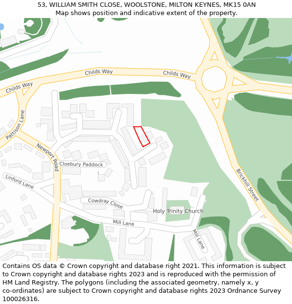 53, WILLIAM SMITH CLOSE, WOOLSTONE, MILTON KEYNES, MK15 0AN: Location map and indicative extent of plot