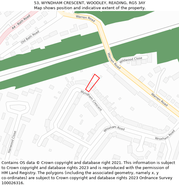 53, WYNDHAM CRESCENT, WOODLEY, READING, RG5 3AY: Location map and indicative extent of plot