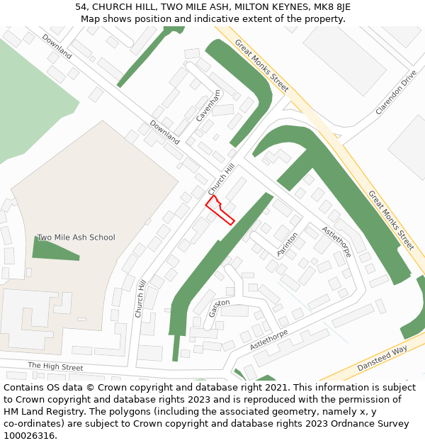 54, CHURCH HILL, TWO MILE ASH, MILTON KEYNES, MK8 8JE: Location map and indicative extent of plot