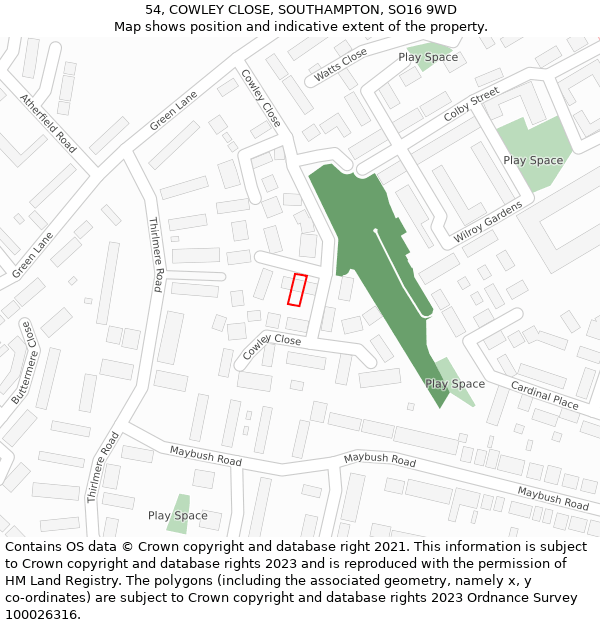 54, COWLEY CLOSE, SOUTHAMPTON, SO16 9WD: Location map and indicative extent of plot