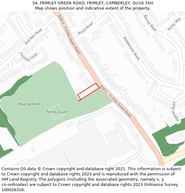 54, FRIMLEY GREEN ROAD, FRIMLEY, CAMBERLEY, GU16 7AH: Location map and indicative extent of plot