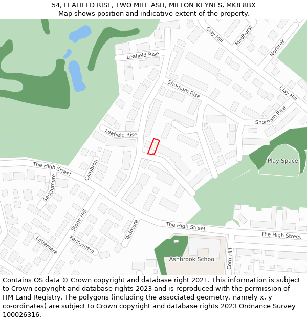 54, LEAFIELD RISE, TWO MILE ASH, MILTON KEYNES, MK8 8BX: Location map and indicative extent of plot