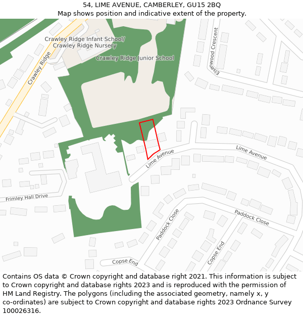 54, LIME AVENUE, CAMBERLEY, GU15 2BQ: Location map and indicative extent of plot