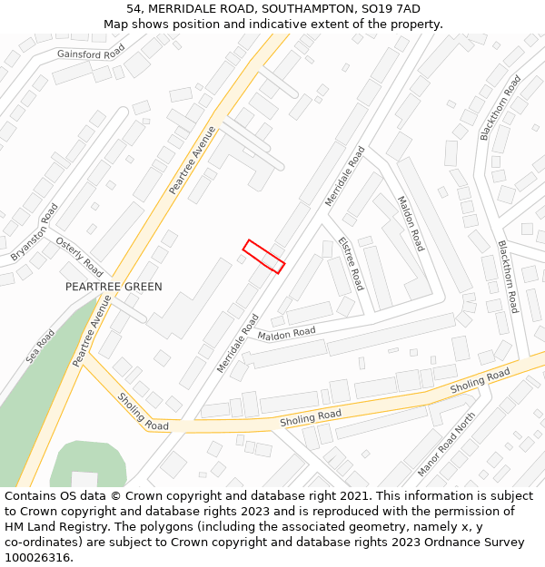 54, MERRIDALE ROAD, SOUTHAMPTON, SO19 7AD: Location map and indicative extent of plot