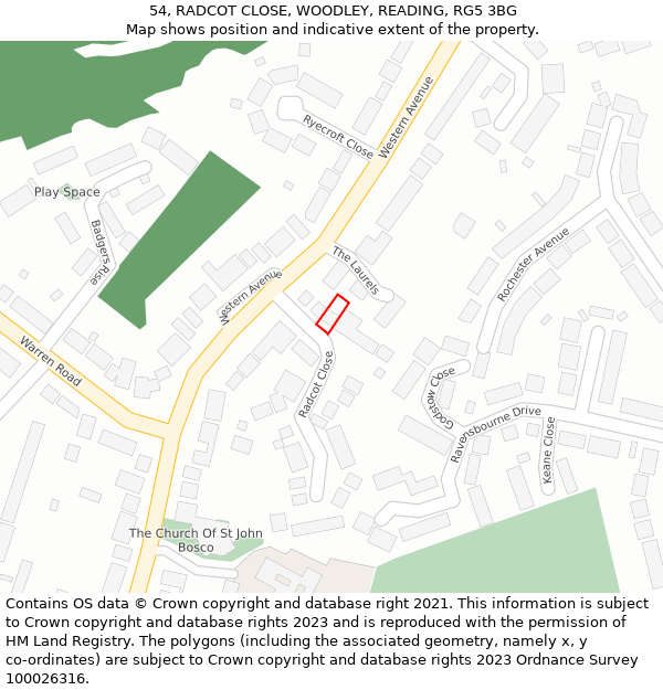 54, RADCOT CLOSE, WOODLEY, READING, RG5 3BG: Location map and indicative extent of plot