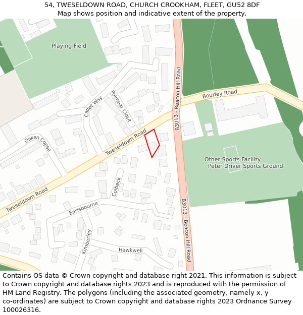 54, TWESELDOWN ROAD, CHURCH CROOKHAM, FLEET, GU52 8DF: Location map and indicative extent of plot