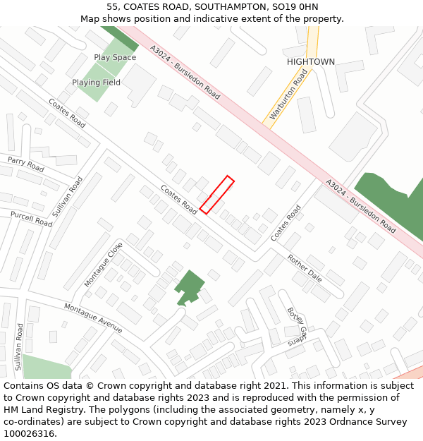 55, COATES ROAD, SOUTHAMPTON, SO19 0HN: Location map and indicative extent of plot