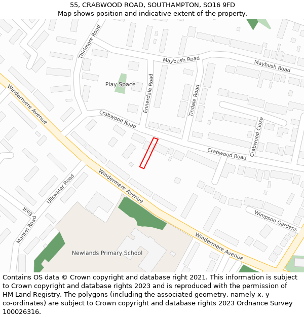 55, CRABWOOD ROAD, SOUTHAMPTON, SO16 9FD: Location map and indicative extent of plot