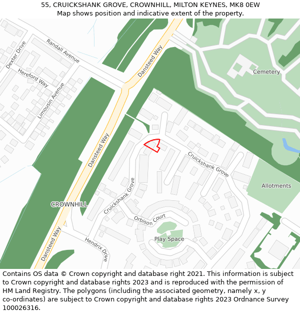 55, CRUICKSHANK GROVE, CROWNHILL, MILTON KEYNES, MK8 0EW: Location map and indicative extent of plot