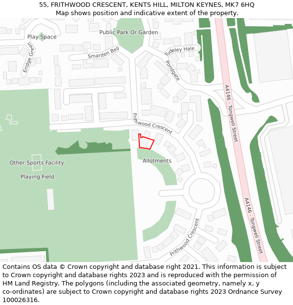 55, FRITHWOOD CRESCENT, KENTS HILL, MILTON KEYNES, MK7 6HQ: Location map and indicative extent of plot