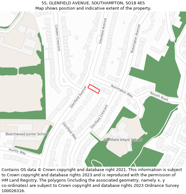 55, GLENFIELD AVENUE, SOUTHAMPTON, SO18 4ES: Location map and indicative extent of plot