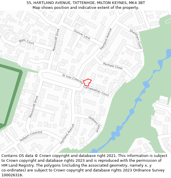 55, HARTLAND AVENUE, TATTENHOE, MILTON KEYNES, MK4 3BT: Location map and indicative extent of plot