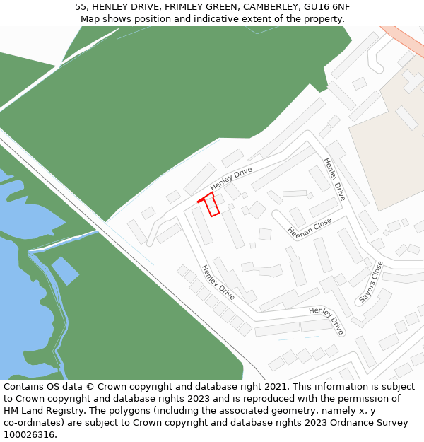 55, HENLEY DRIVE, FRIMLEY GREEN, CAMBERLEY, GU16 6NF: Location map and indicative extent of plot