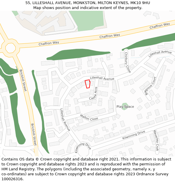 55, LILLESHALL AVENUE, MONKSTON, MILTON KEYNES, MK10 9HU: Location map and indicative extent of plot