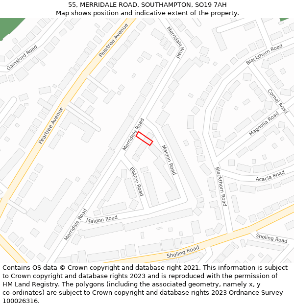 55, MERRIDALE ROAD, SOUTHAMPTON, SO19 7AH: Location map and indicative extent of plot