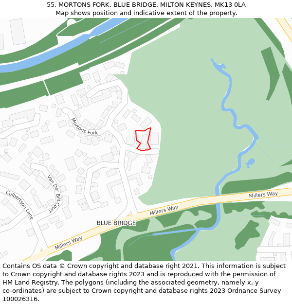 55, MORTONS FORK, BLUE BRIDGE, MILTON KEYNES, MK13 0LA: Location map and indicative extent of plot