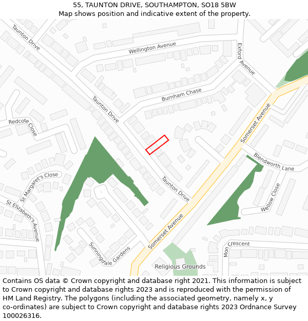 55, TAUNTON DRIVE, SOUTHAMPTON, SO18 5BW: Location map and indicative extent of plot