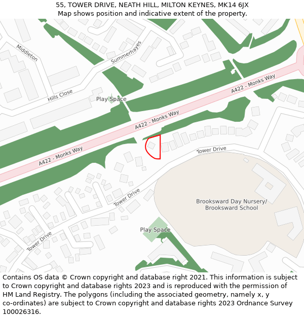 55, TOWER DRIVE, NEATH HILL, MILTON KEYNES, MK14 6JX: Location map and indicative extent of plot