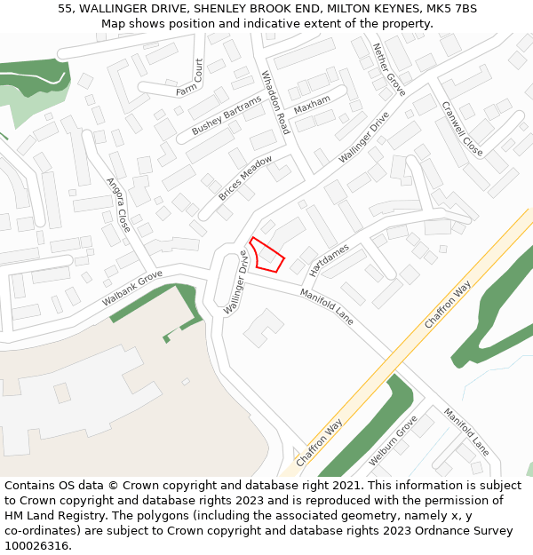 55, WALLINGER DRIVE, SHENLEY BROOK END, MILTON KEYNES, MK5 7BS: Location map and indicative extent of plot