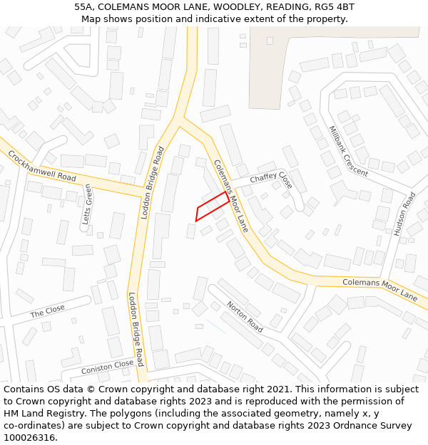 55A, COLEMANS MOOR LANE, WOODLEY, READING, RG5 4BT: Location map and indicative extent of plot