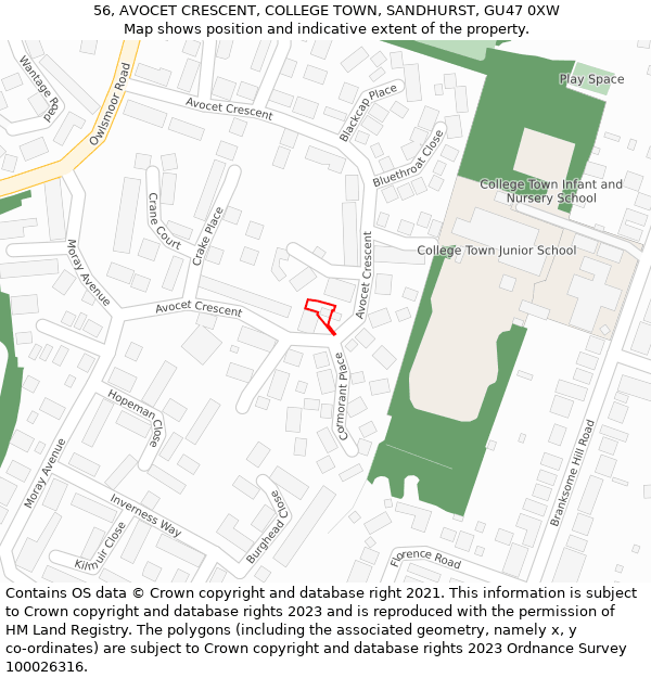 56, AVOCET CRESCENT, COLLEGE TOWN, SANDHURST, GU47 0XW: Location map and indicative extent of plot
