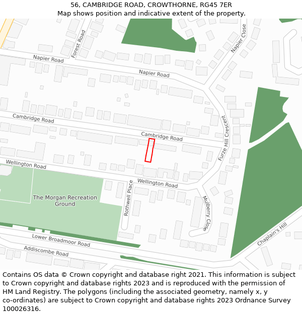 56, CAMBRIDGE ROAD, CROWTHORNE, RG45 7ER: Location map and indicative extent of plot