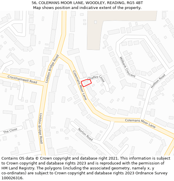 56, COLEMANS MOOR LANE, WOODLEY, READING, RG5 4BT: Location map and indicative extent of plot