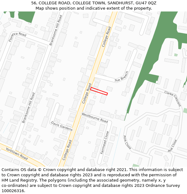 56, COLLEGE ROAD, COLLEGE TOWN, SANDHURST, GU47 0QZ: Location map and indicative extent of plot