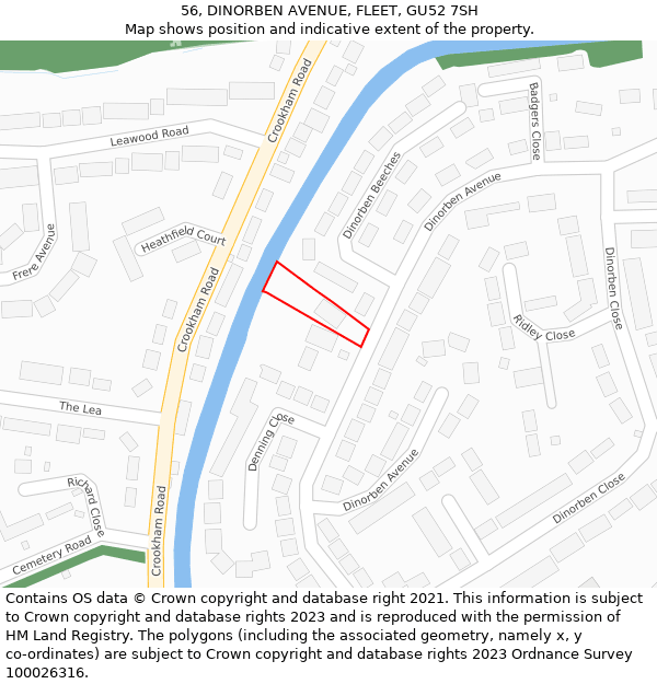 56, DINORBEN AVENUE, FLEET, GU52 7SH: Location map and indicative extent of plot