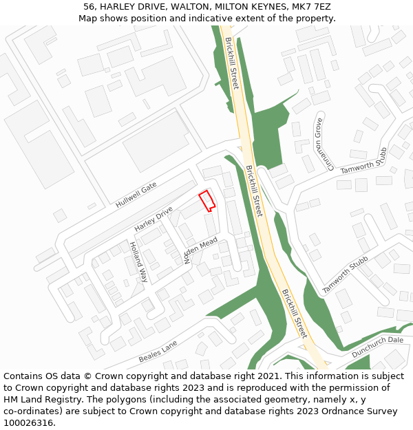 56, HARLEY DRIVE, WALTON, MILTON KEYNES, MK7 7EZ: Location map and indicative extent of plot