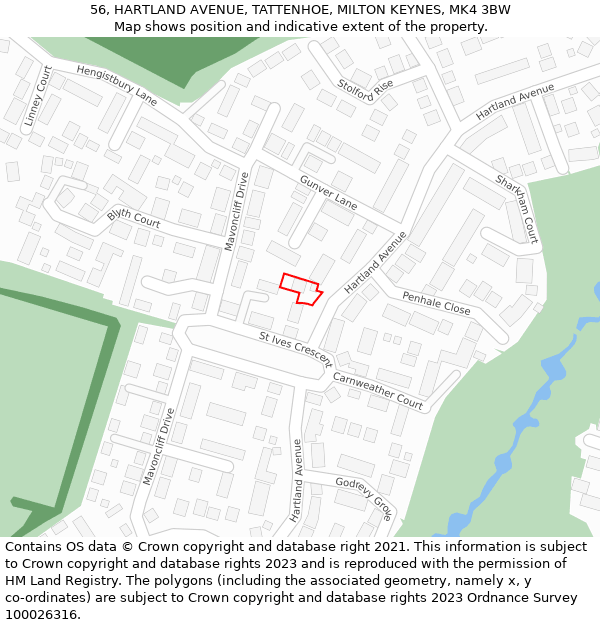 56, HARTLAND AVENUE, TATTENHOE, MILTON KEYNES, MK4 3BW: Location map and indicative extent of plot