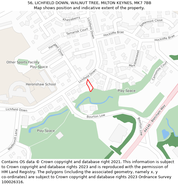 56, LICHFIELD DOWN, WALNUT TREE, MILTON KEYNES, MK7 7BB: Location map and indicative extent of plot