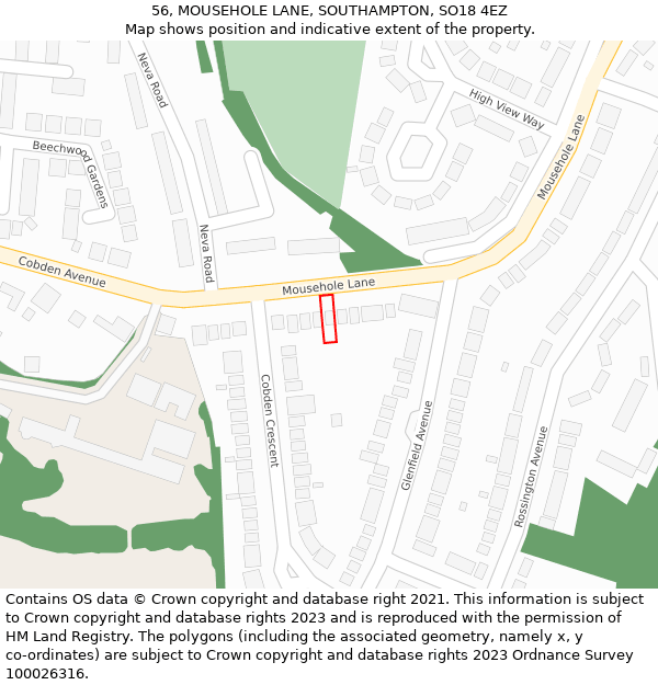 56, MOUSEHOLE LANE, SOUTHAMPTON, SO18 4EZ: Location map and indicative extent of plot