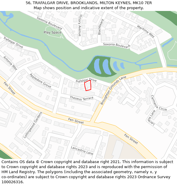 56, TRAFALGAR DRIVE, BROOKLANDS, MILTON KEYNES, MK10 7ER: Location map and indicative extent of plot