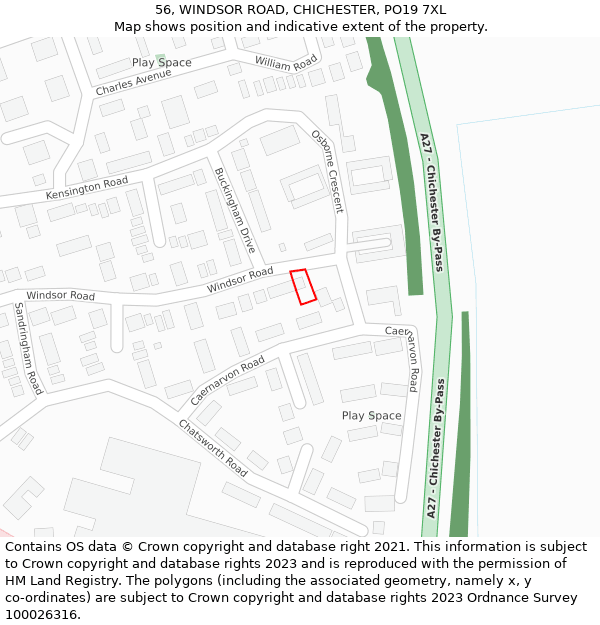 56, WINDSOR ROAD, CHICHESTER, PO19 7XL: Location map and indicative extent of plot