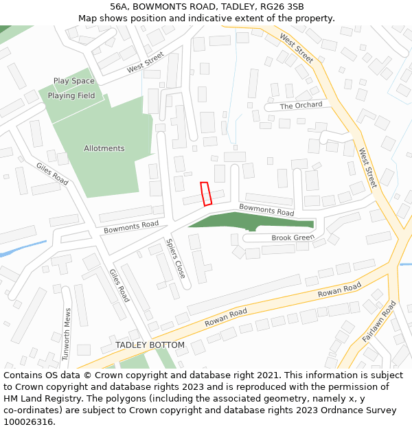 56A, BOWMONTS ROAD, TADLEY, RG26 3SB: Location map and indicative extent of plot