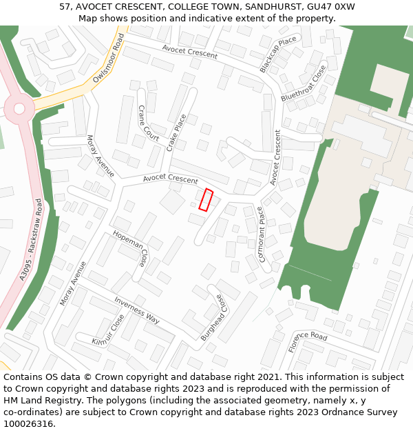 57, AVOCET CRESCENT, COLLEGE TOWN, SANDHURST, GU47 0XW: Location map and indicative extent of plot