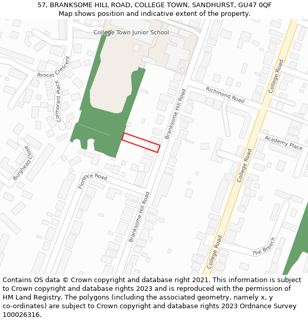 57, BRANKSOME HILL ROAD, COLLEGE TOWN, SANDHURST, GU47 0QF: Location map and indicative extent of plot