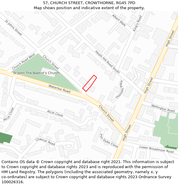 57, CHURCH STREET, CROWTHORNE, RG45 7PD: Location map and indicative extent of plot