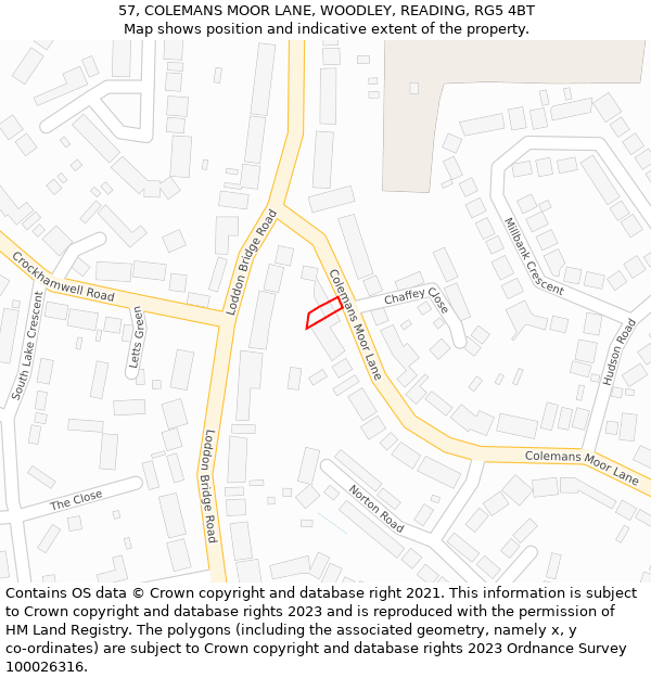 57, COLEMANS MOOR LANE, WOODLEY, READING, RG5 4BT: Location map and indicative extent of plot