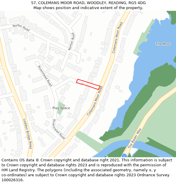 57, COLEMANS MOOR ROAD, WOODLEY, READING, RG5 4DG: Location map and indicative extent of plot