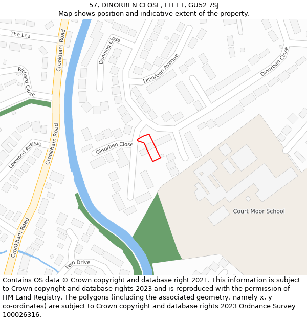 57, DINORBEN CLOSE, FLEET, GU52 7SJ: Location map and indicative extent of plot